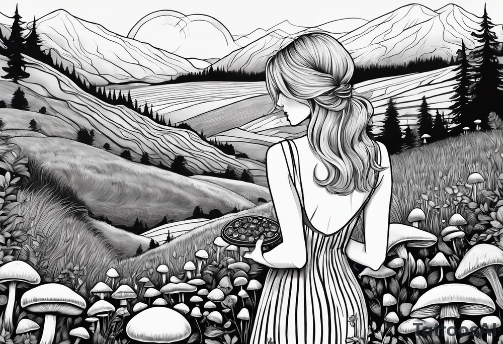 Straight blonde hair girl holding mushrooms in hand facing away toward mountains surrounded by mushrooms circular design black and white striped dress tattoo idea
