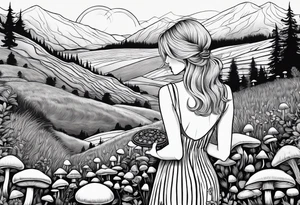 Straight blonde hair girl holding mushrooms in hand facing away toward mountains surrounded by mushrooms circular design black and white striped dress tattoo idea