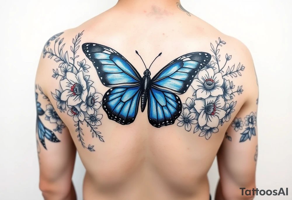 Sleeve/ floral with vines roses and daises large bright blue monarch in center of forearm with floral extending from wrist to mid bicep children’s names written with vines “ amber, Zachary, Justin, Harper, Vivian “ tattoo idea