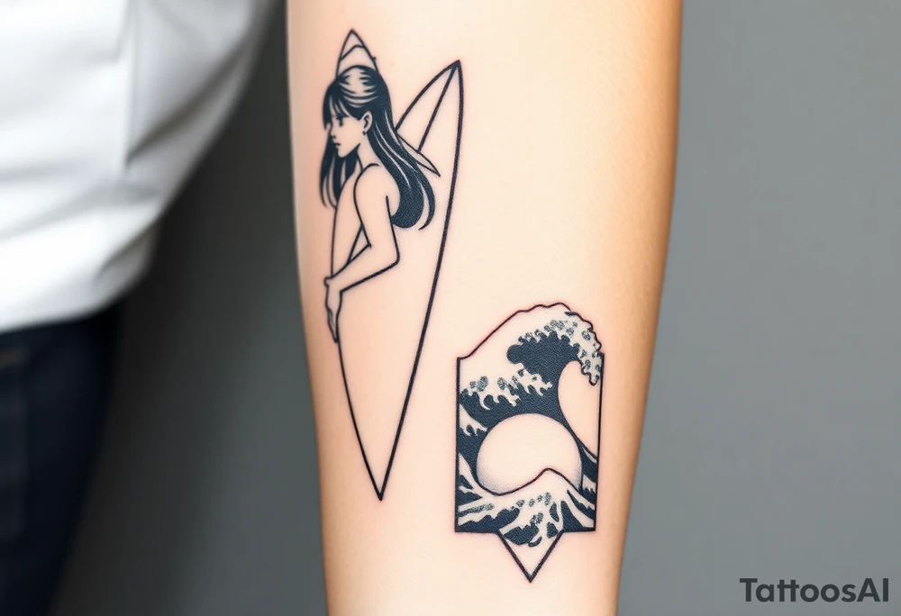 New school geometrical concept tattoo with the girl holding surfboard in a vertical position her face is turned 60 degrees to out side, the bottom part of a body is showed, on the right side of a tattoo is the realistic wave closed in a frame. And the bottom of a taro is a palenesiab sun. Link the objects based on new school geometry tattoos. tattoo idea