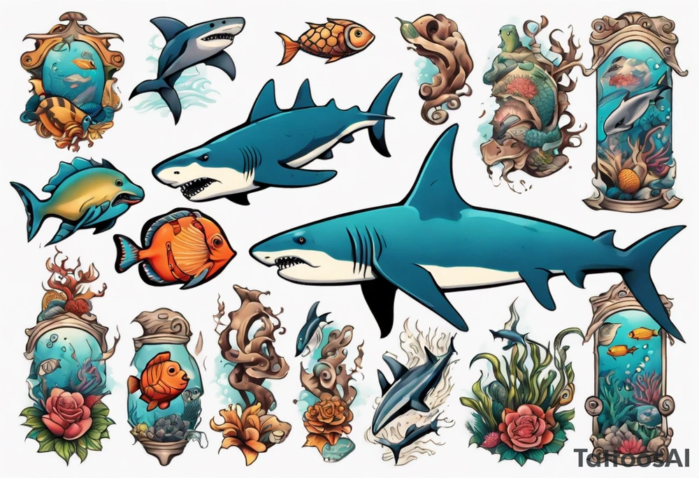 An arm sleeve of an aquatic scene of sea animals, including a hammerhead shark, a turtle, an octopus, and a colorful fish tattoo idea