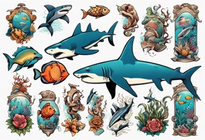 An arm sleeve of an aquatic scene of sea animals, including a hammerhead shark, a turtle, an octopus, and a colorful fish tattoo idea