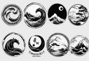 Taekwondo black belt with yin yang night day ocean mountains tattoo idea