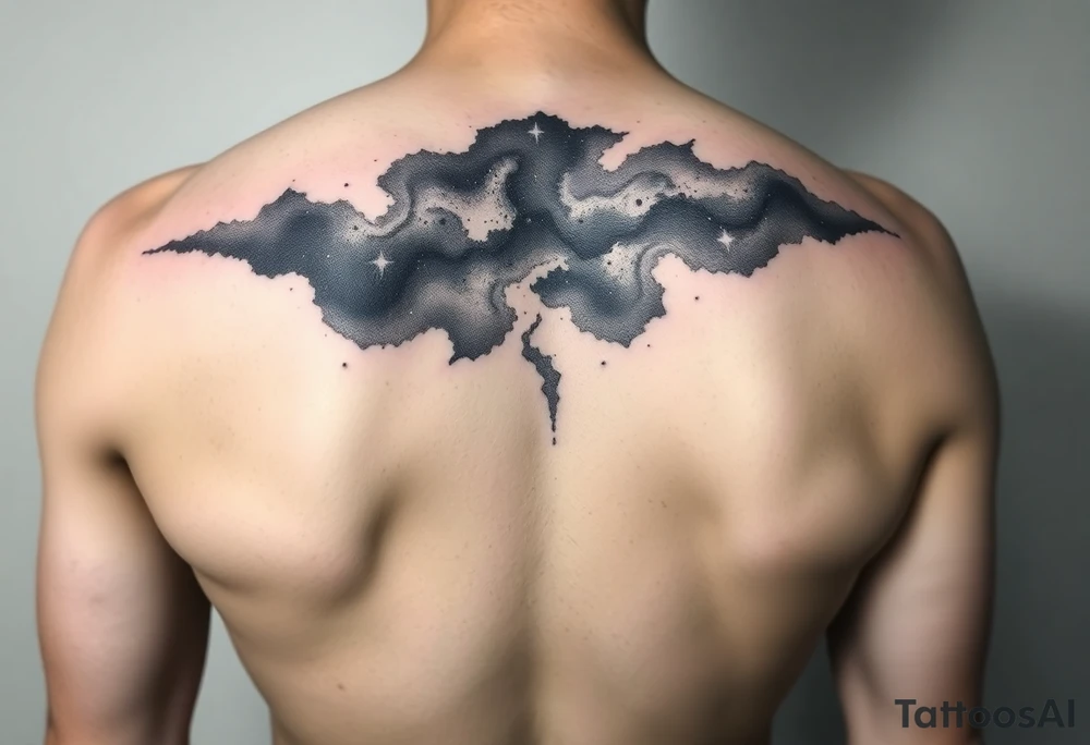 Beautiful and epic 3d milky way that appears to be what is beneath the skin. Make it drape over the shoulder and move to the middle back. use negative spaces to create stars and dust. Incorporate God breathing life into the universe. Keep it symmetrical tattoo idea