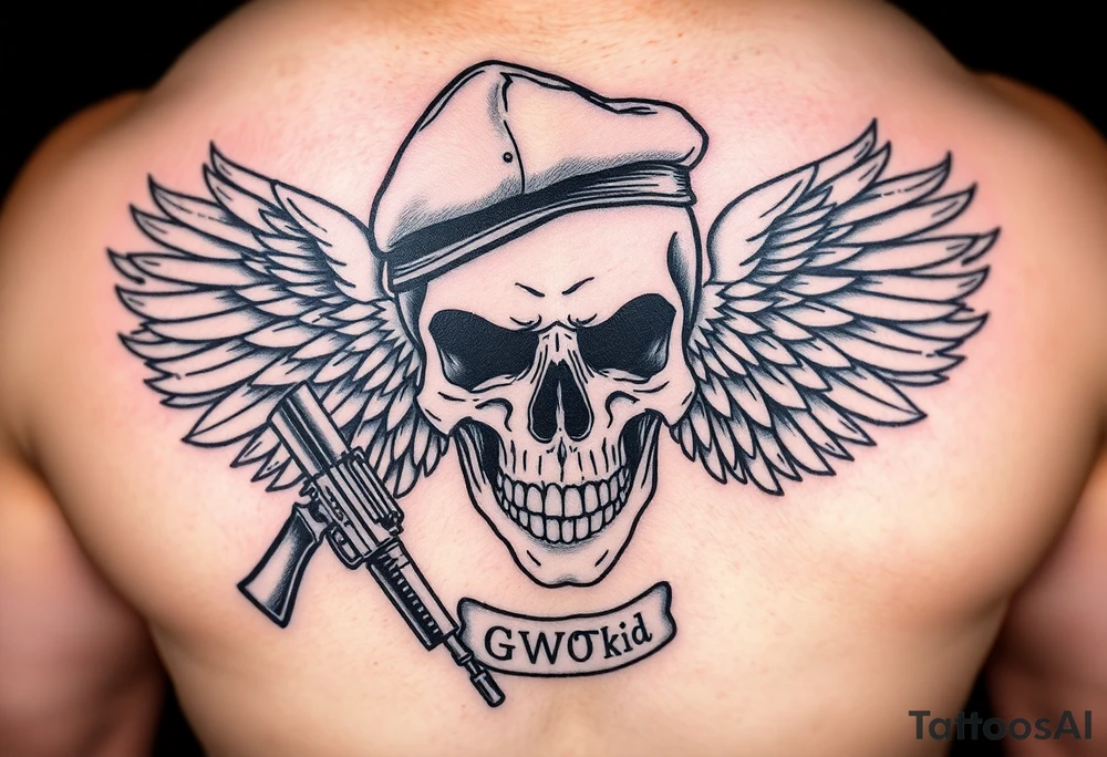 Create me military tattoo with skull, rifle, beret on skull and word that say GWOT kid with wings tattoo idea