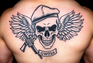 Create me military tattoo with skull, rifle, beret on skull and word that say GWOT kid with wings tattoo idea