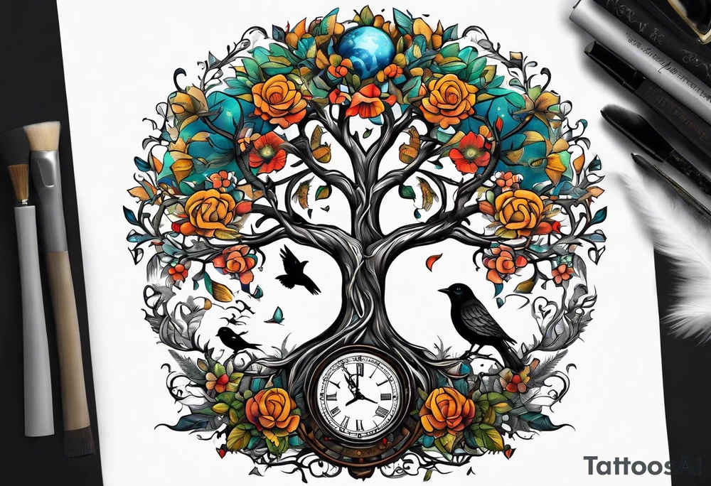 Masculine tree of life with birds, clock and birthdates tattoo idea