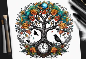 Masculine tree of life with birds, clock and birthdates tattoo idea