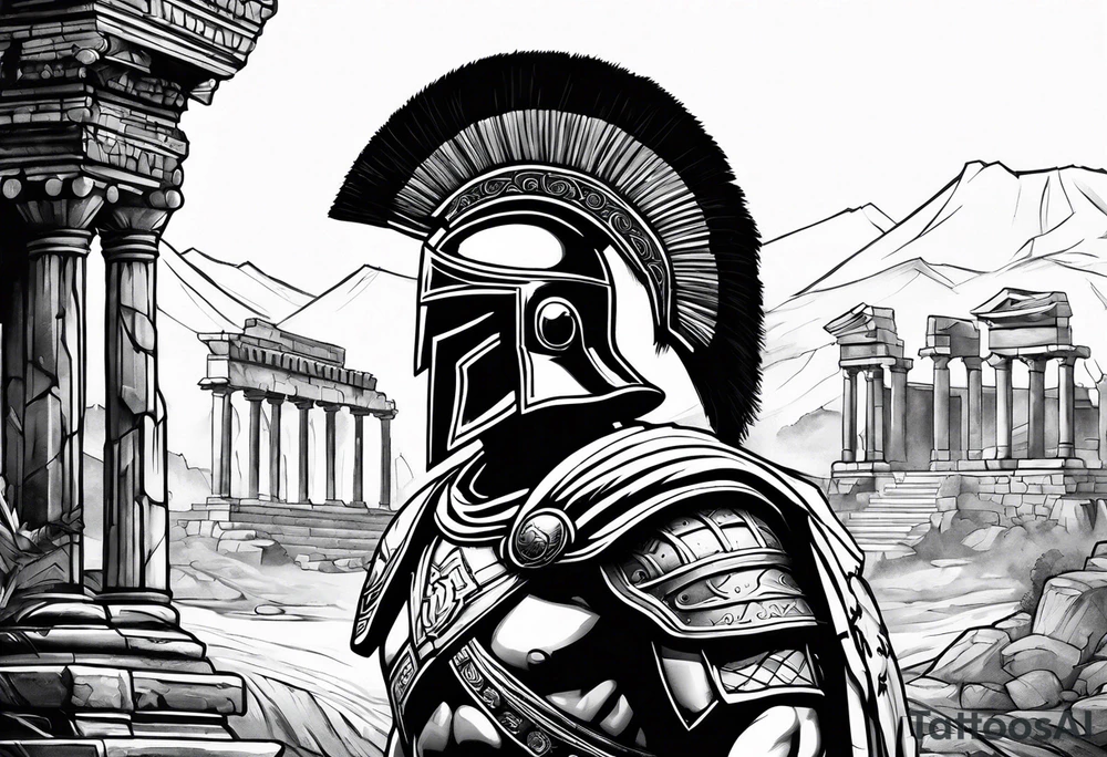 Side profile of spartan soilder with ancient ruins in background tattoo idea