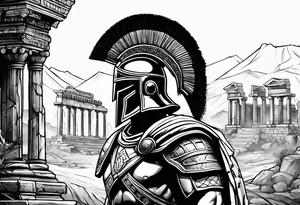 Side profile of spartan soilder with ancient ruins in background tattoo idea