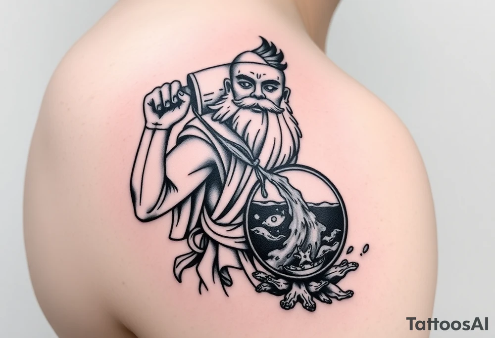 A large humanized god carrying a jar on his shoulder, the jar flows from water to create a marine environment tattoo idea