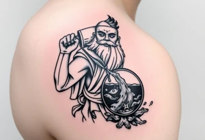 A large humanized god carrying a jar on his shoulder, the jar flows from water to create a marine environment tattoo idea