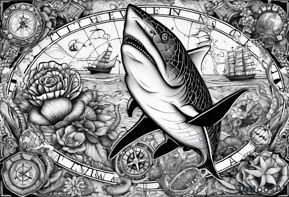 Nautical theme leg tattoo with shark, turtle, treasure map, compass, octopus, bell diver tattoo idea