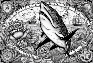 Nautical theme leg tattoo with shark, turtle, treasure map, compass, octopus, bell diver tattoo idea