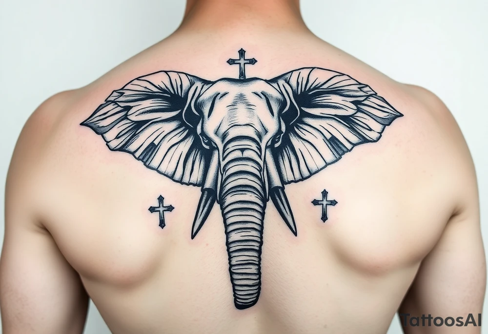 powerful majestic elephant with 3 crosses tattoo idea