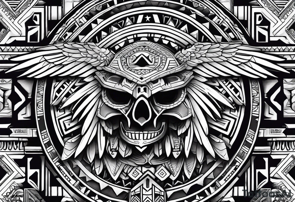 Aztec eagle, with Aztec skull and Aztec symbols signifying resilience tattoo idea