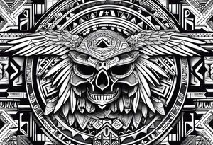 Aztec eagle, with Aztec skull and Aztec symbols signifying resilience tattoo idea