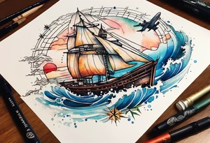 Travel themed for thigh, compass rose overlaid with a landmarks in and around it, spilled watercolor and tiny jet plane silhouette and a tiny speed boat in the water tattoo idea