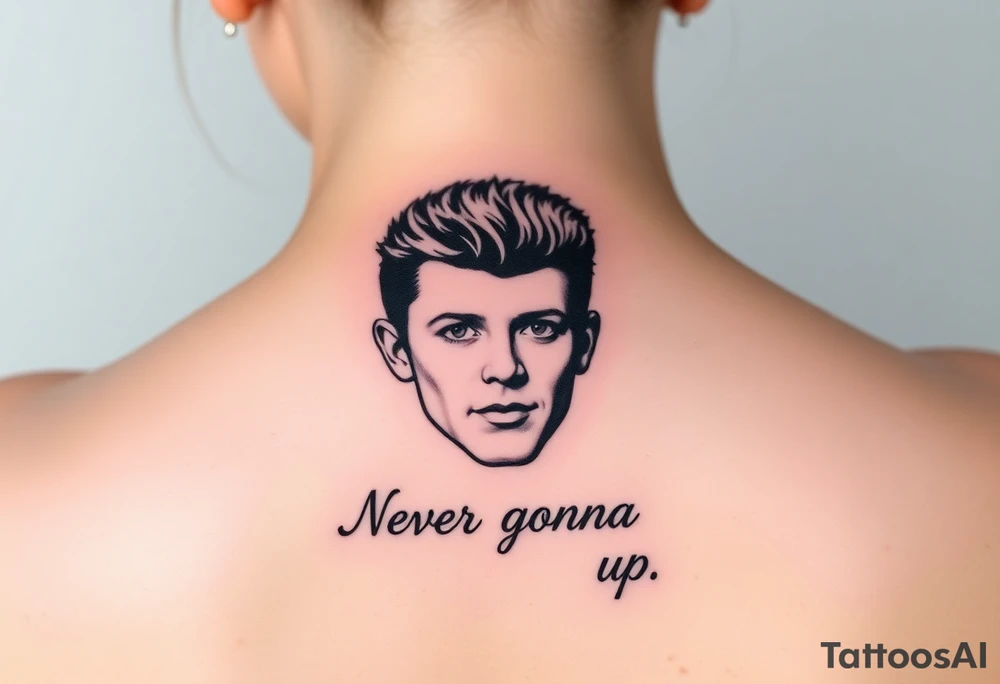 Rick Astley's Face outline with text "Never Gonna Give You Up" tattoo idea