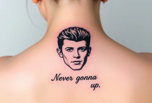 Rick Astley's Face outline with text "Never Gonna Give You Up" tattoo idea