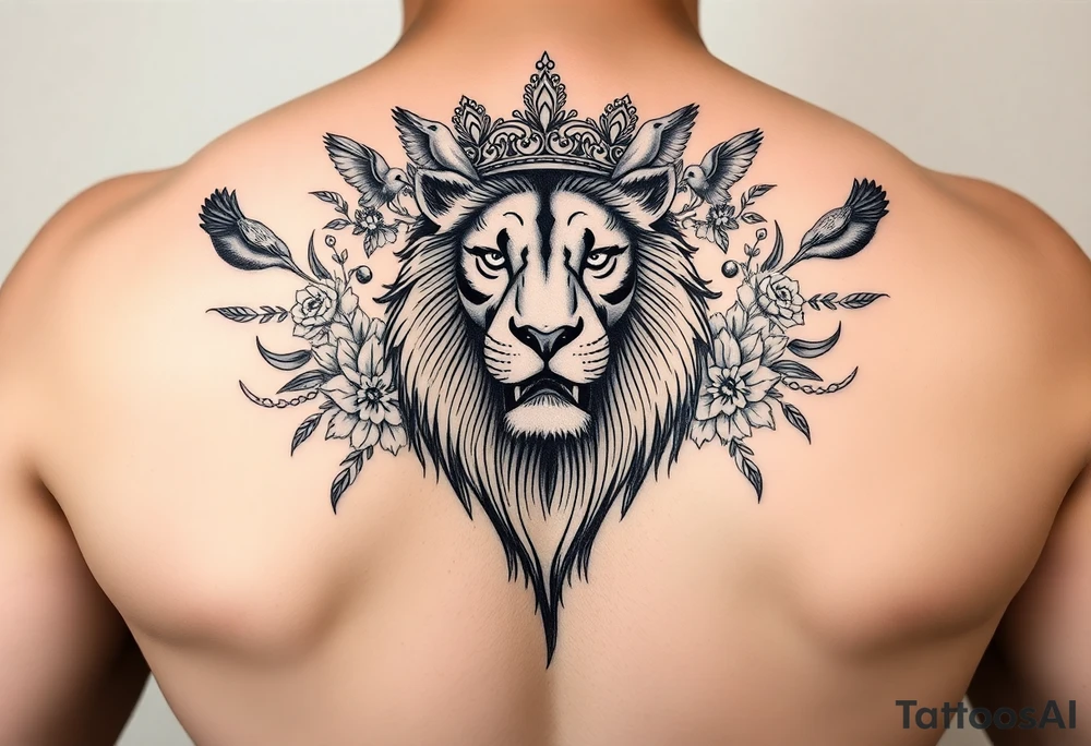 powerful majestic lion with a crown, surrounded by floral ornaments and birds tattoo idea