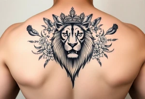 powerful majestic lion with a crown, surrounded by floral ornaments and birds tattoo idea