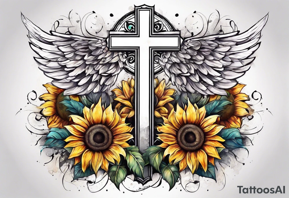 Winged cross with sunflower arm sleeve tattoo idea