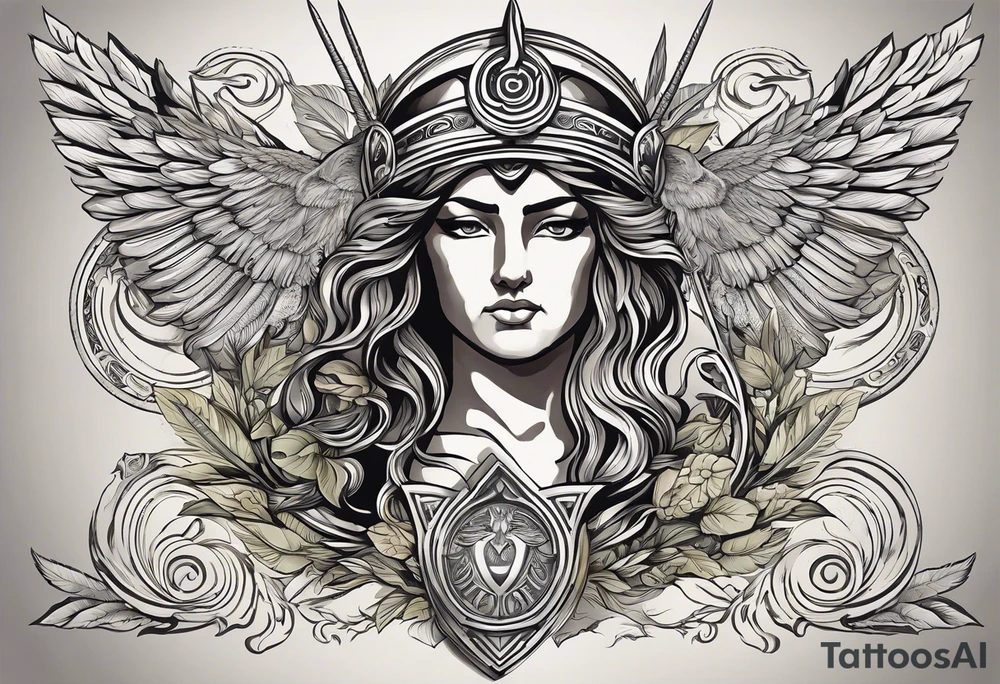 A stunning tattoo depicting elements of Greek mythology. At the center is Athena, the goddess of wisdom and warfare, portrayed in a three-quarter view with her helmet and spear. Her gaze is fierce yet wise, embodying her dual nature. Surrounding her are intricate details of olive branches, symbolizing peace, and an owl perched on her shoulder, representing wisdom. Below Athena, the majestic Mount Olympus rises, with clouds swirling around its peak. On one side, the powerful figure of Zeus wields his thunderbolt, while on the other side, Poseidon commands the seas with his trident. In the background, faint outlines of the Parthenon and other ancient Greek temples add depth to the scene. The entire design is done in fine black and grey shading, with hints of gold to accentuate the divine elements, creating a timeless and powerful piece.

This description should give a detailed idea for a tattoo artist to create a piece inspired by Greek mythology. tattoo idea