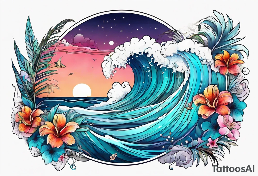 sea,, night, flower, palm, animal tattoo idea