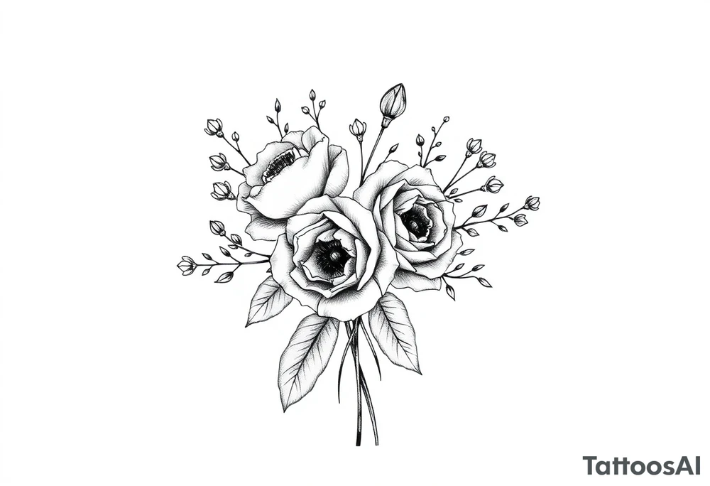 vintage bouquet of wild roses and meadow flowers with morning dew tattoo idea