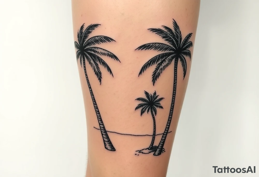 stamp tattoos, palm trees, beach vibe, leg tattoo idea