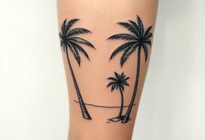 stamp tattoos, palm trees, beach vibe, leg tattoo idea