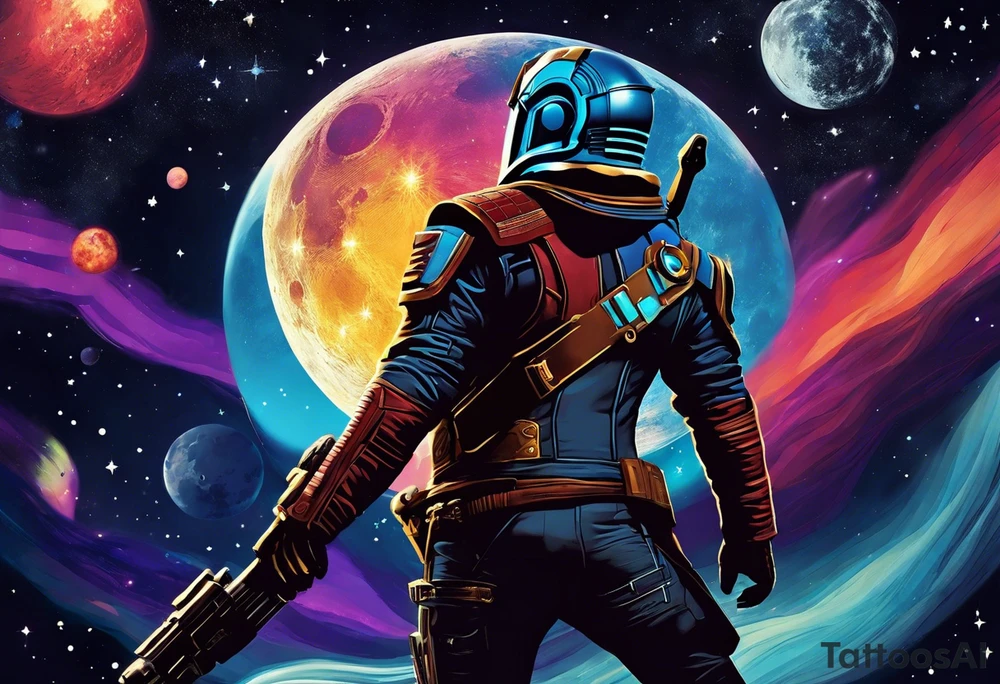 I want a tattoo with the idea and imagery about overcoming depression. I am particularly attached to the the idea of Kid Cudi’s man on the moon and man on the moon type imagery. I would like the general theme to be space related. I like the image of star lord and yondu from guardians of the galaxy when they are floating into space and yondu says I wasn’t your father but I am your daddy. General sci fi and space themes are welcome. Overall, I want a sense of overcoming difficulties. tattoo idea