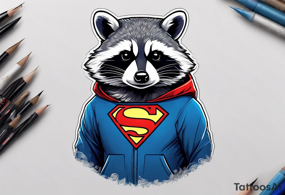 raccoon wearing a Superman hoodie tattoo idea