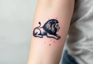 A deep navy lion rests in profile, with each star of the Leo constellation tattooed in radiant silver along its spine. tattoo idea