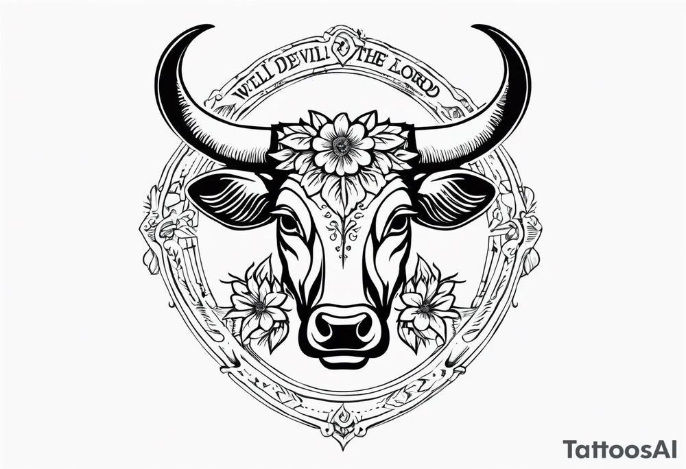 floral steer head with “well the devil can scrap but the lord has won” under it in cursive tattoo idea