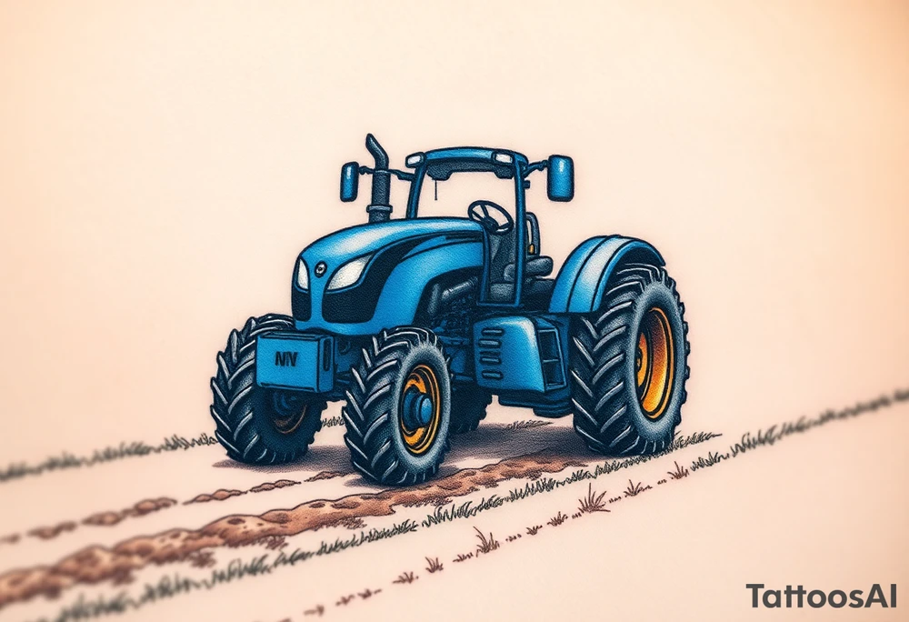 A detailed blue tractor with headlights glowing, standing proudly on a freshly tilled farm field. tattoo idea