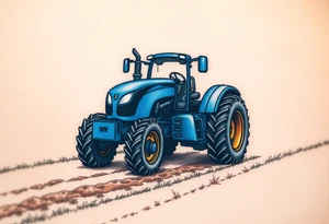 A detailed blue tractor with headlights glowing, standing proudly on a freshly tilled farm field. tattoo idea