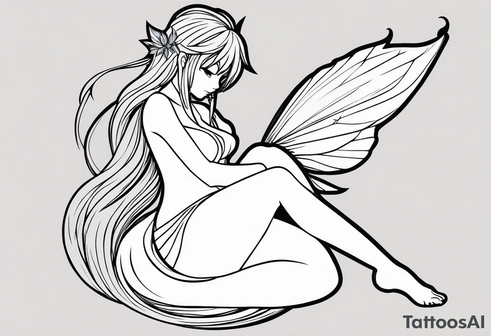 No color fairy with a tail inspired by the logo of the show called Fairy Tail in a fetal position leaning in and forward tattoo idea