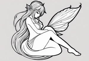 No color fairy with a tail inspired by the logo of the show called Fairy Tail in a fetal position leaning in and forward tattoo idea