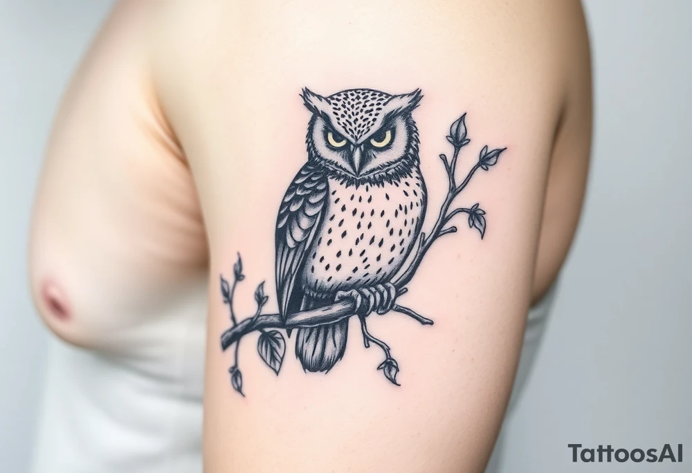 wise owl perched on branch with vine crawling and wrapping around the owl to where you can only see owls one eye peeking through tattoo idea
