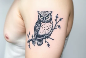 wise owl perched on branch with vine crawling and wrapping around the owl to where you can only see owls one eye peeking through tattoo idea