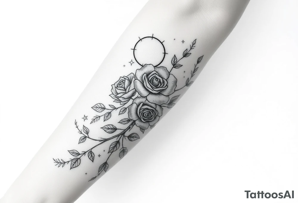 Roses wild flower vine with moon and stars mountains wrap around arm tattoo idea