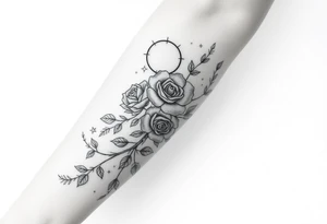 Roses wild flower vine with moon and stars mountains wrap around arm tattoo idea