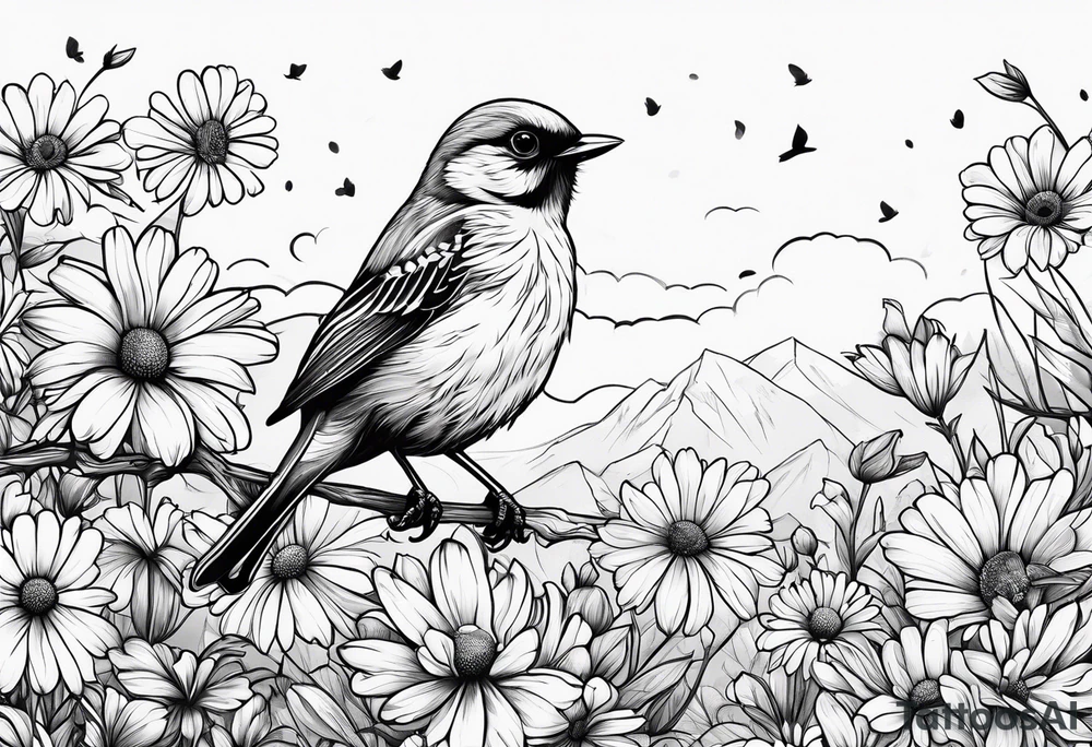 Little bird perched in daisy field tattoo idea