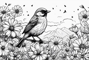 Little bird perched in daisy field tattoo idea