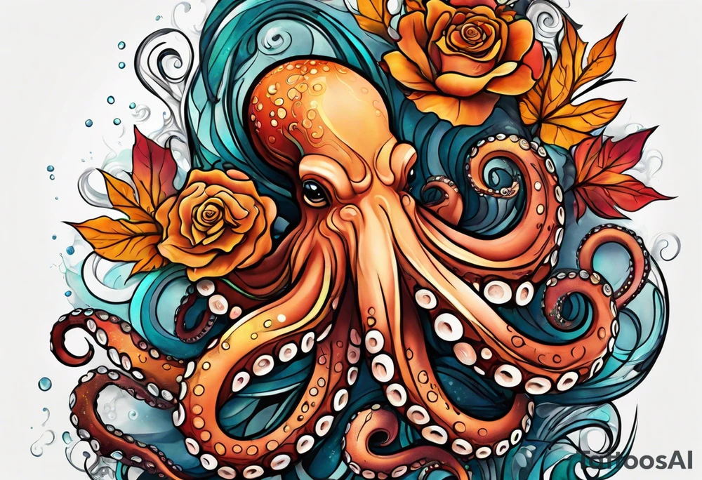 Octopus Arm Sleeve with fall colors
abstract gender-neutral Octopus Arm Sleeve tattoo with subtle facial features, a small rose, water swirls tattoo idea