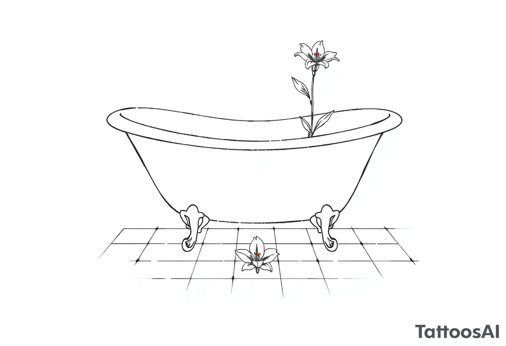 Clawfoot bathtub with lily coming up from tile floor tattoo idea