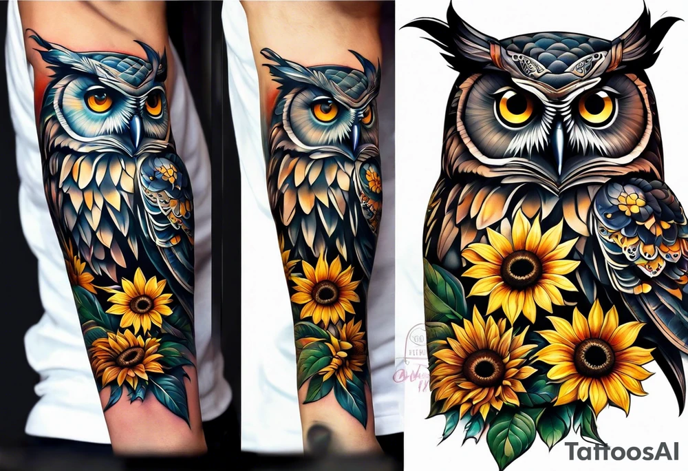 Sleeve with an owl, sunflower and butterfly tattoo idea