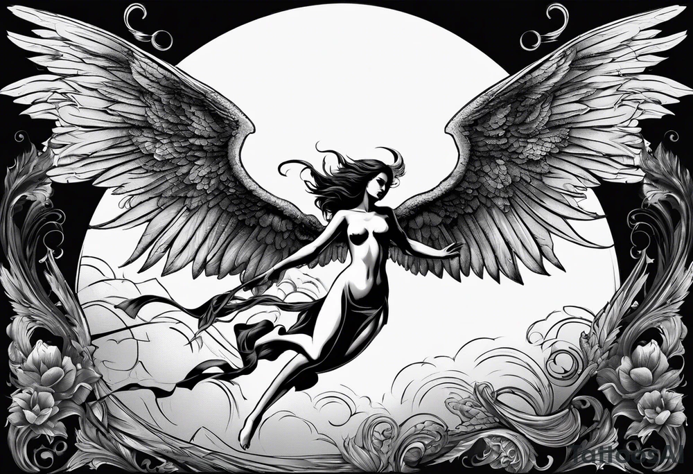 angel woman and devil woman fighting, arguing on the sky , big wings and full body, angel at the right side and have normal wing but devil woman at the left side and with bat wing tattoo idea